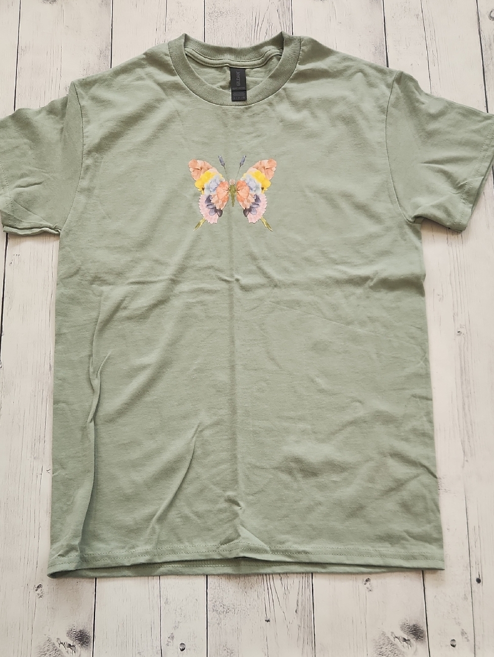 Like New Gildan Small Sage Green Short Sleeve T Shirt With Vibrant Butterfly